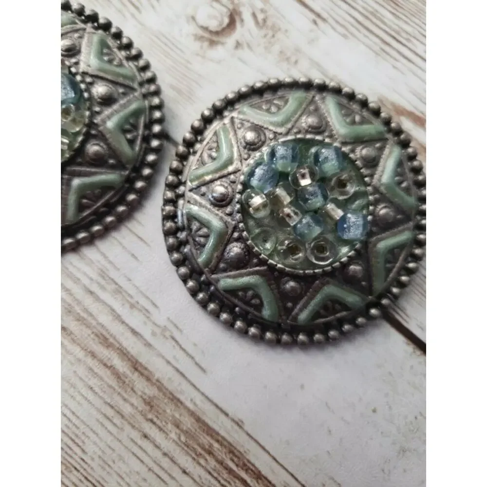 Vintage Clip On Earrings - Greeny Blue Large Circle Statement